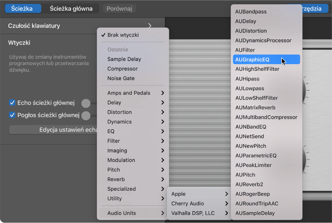 Wybieranie wtyczki Audio Units z menu podręcznego Audio Units w obszarze wtyczek.