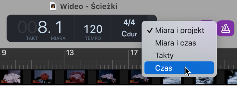 Panel LCD na pasku narzędzi podczas wybierania formatu czasu.