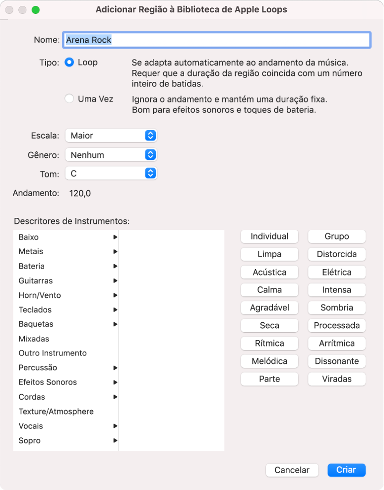 Caixa de diálogo Adicionar Região à Biblioteca de Apple Loops.