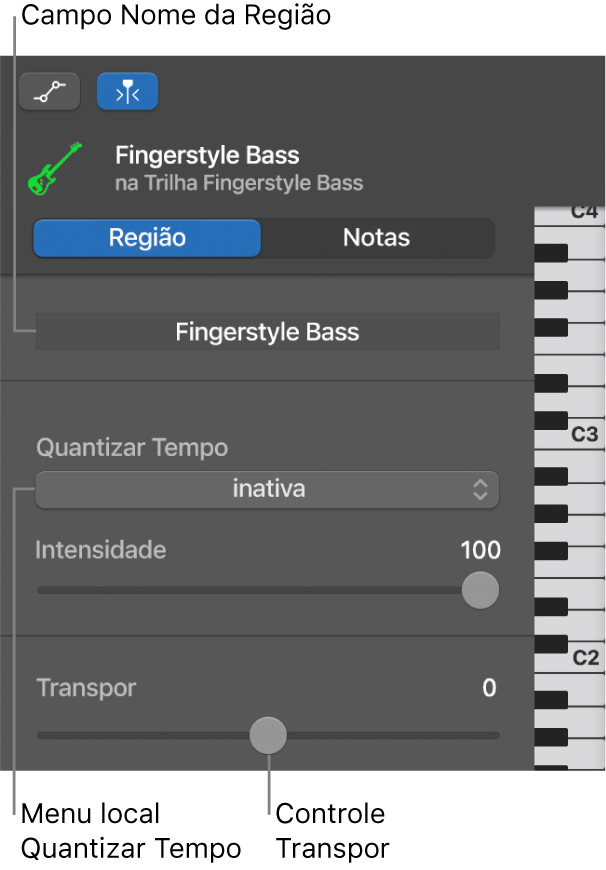 Inspetor do Editor do Rolo de Piano no modo Região, exibindo controles.