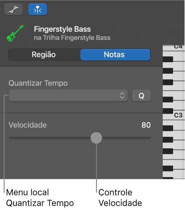 Inspetor do Editor do Rolo de Piano no modo Notas, exibindo controles.