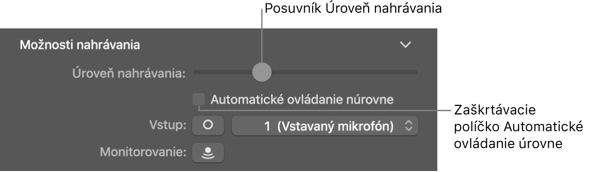 Posuvník Úroveň nahrávania a zaškrtávacie políčko Automatické ovládanie úrovne v inšpektorovi Smart Controls.