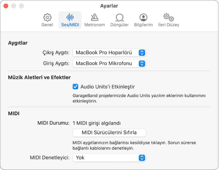 Ses/MIDI Ayarları bölümü.