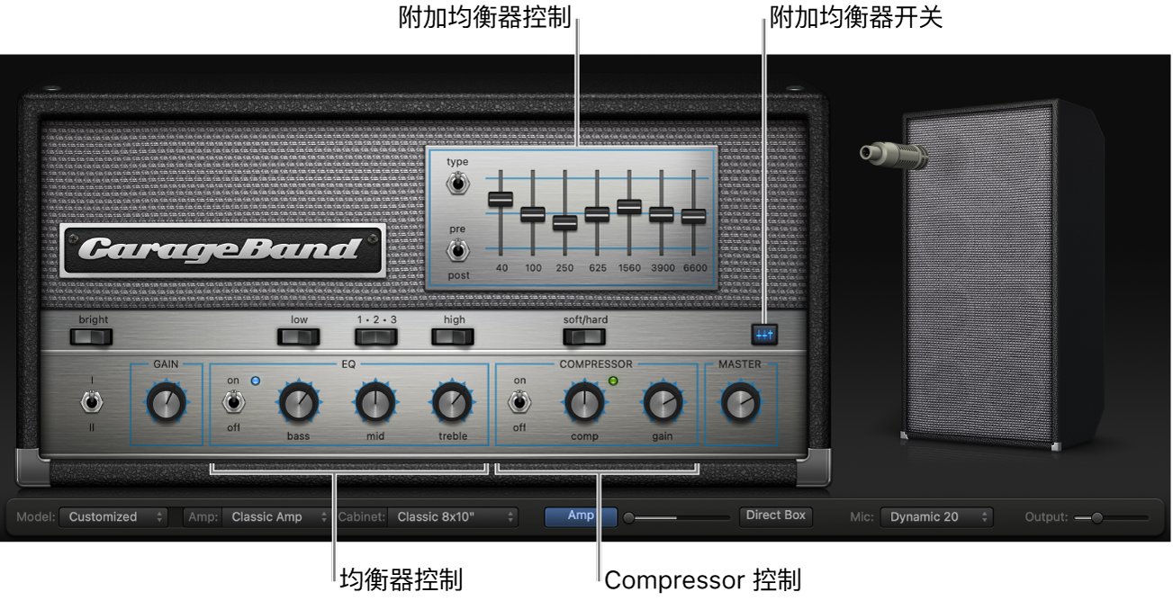 显示均衡器和 Compressor 控制的 Bass Amp Designer。