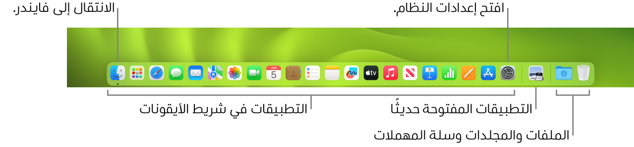 شريط الأيقونات يعرض فايندر، وإعدادات النظام، والخط الذي يفصل بين التطبيقات وبين الملفات والمجلدات في شريط الأيقونات.