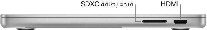 عرض للجانب الأيمن من MacBook Pro مقاس 16 بوصة مع وسائل شرح لفتحة بطاقة SDXC ومنفذ ثندربولت 4 ‏(USB-C) ومنفذ HDMI.