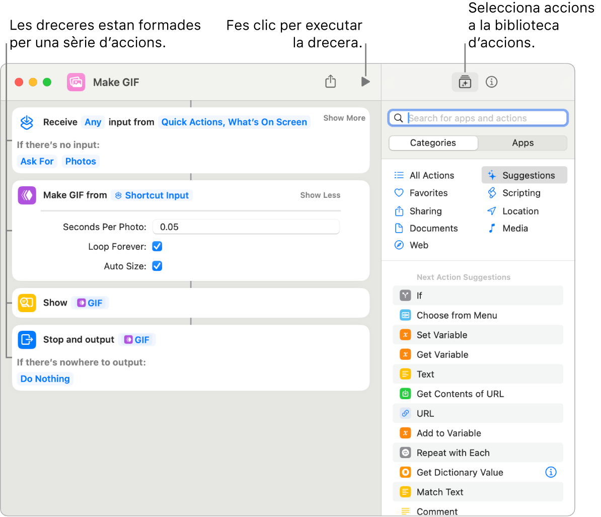 L’editor de dreceres “Crear GIF” a l’esquerra i la biblioteca d’accions a la dreta.