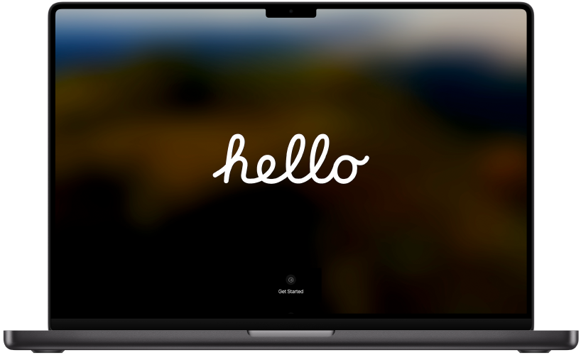 Otevřený MacBook Pro; na obrazovce je vidět slovo „hello“ a tlačítko „Get Started“ (Začínáme)