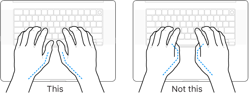 Hands positioned over a keyboard, showing correct and incorrect placement of thumbs.