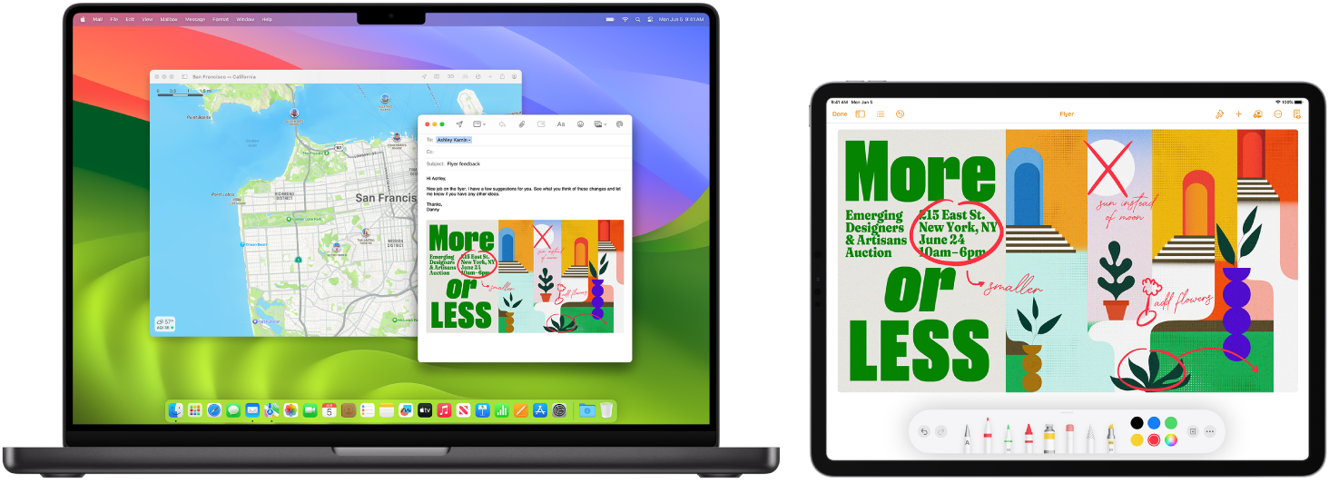 A MacBook Pro and iPad next to each other. The iPad screen shows a flyer with annotations. The MacBook Pro screen has a Mail message with the annotated flyer from the iPad as an attachment.