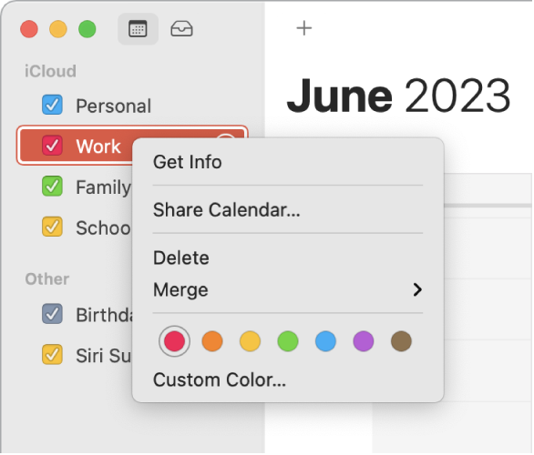 Menu contextuel Calendrier avec ses options pour la personnalisation de la couleur d’un calendrier.