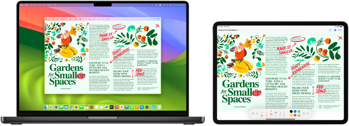 Un MacBook Pro et un iPad côte à côte. Le MacBook Pro affiche une illustration dans la fenêtre de navigateur d’Illustrator. L’iPad affiche la même illustration dans la fenêtre de document d’Illustrator, entourée par des barres d’outils.