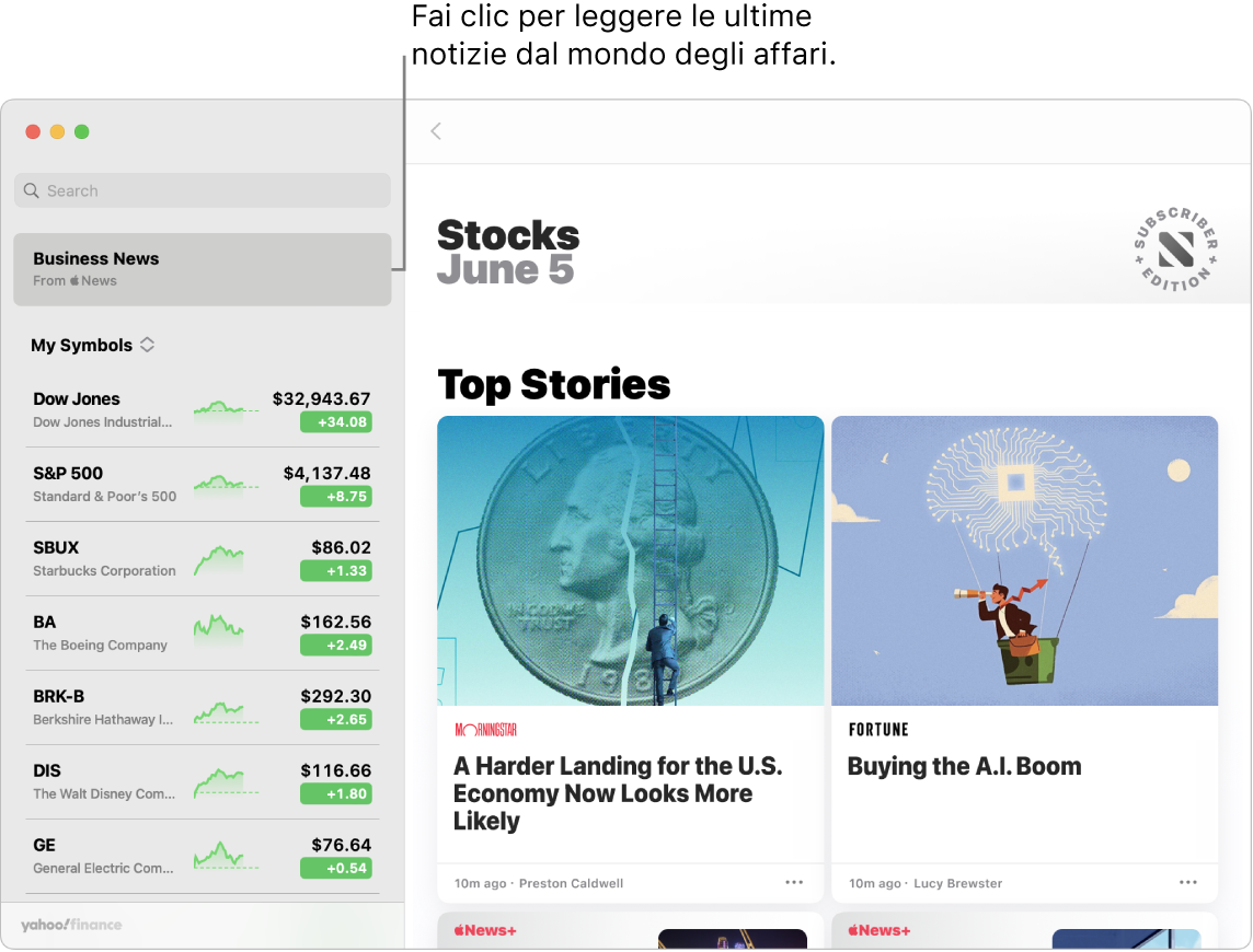 La dashboard di Borsa che mostra i prezzi di mercato in una watchlist, accompagnati dalle notizie principali.