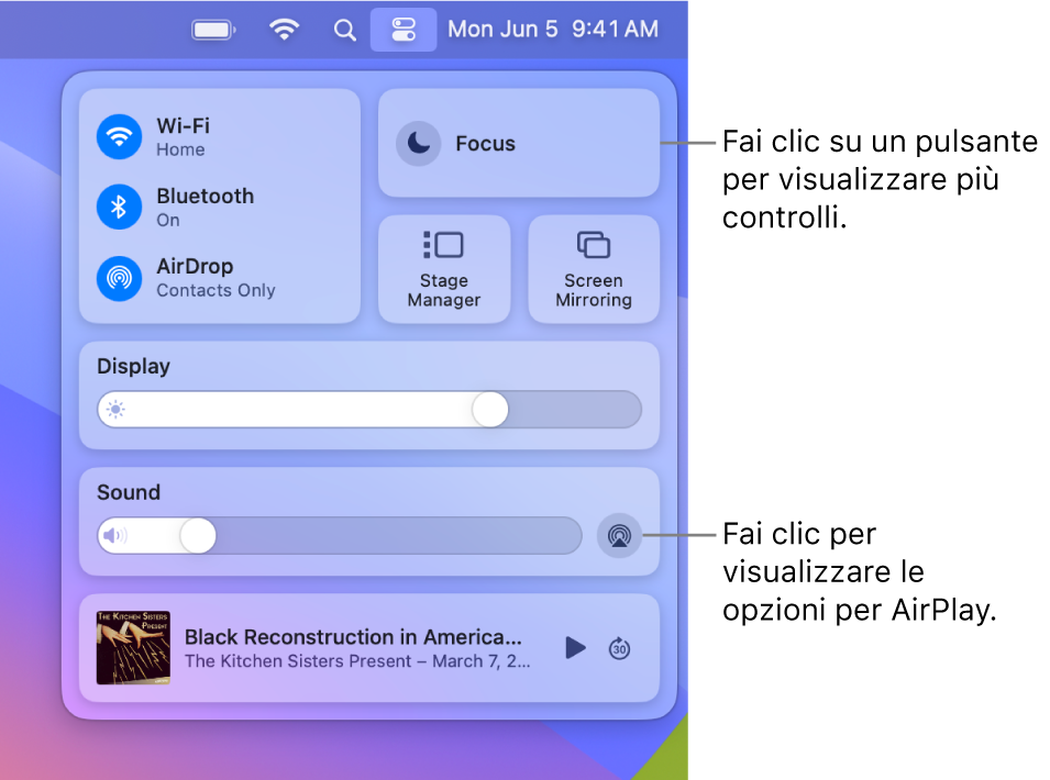 Vista ingrandita di Centro di Controllo sul Mac con una didascalia per il pulsante Mostra.