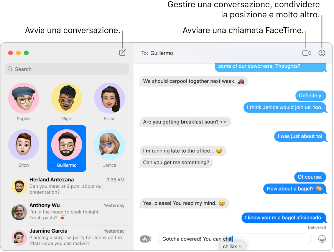 Una finestra di Messaggi che illustra come iniziare una conversazione e una chiamata FaceTime.