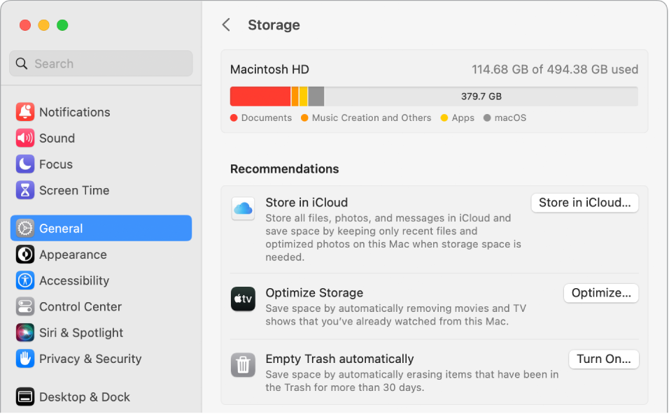 Krātuves iestatījumu logs Recommendations, kurā ir redzamas opcijas Store in iCloud, Optimize Storage un Empty Trash Automatically.