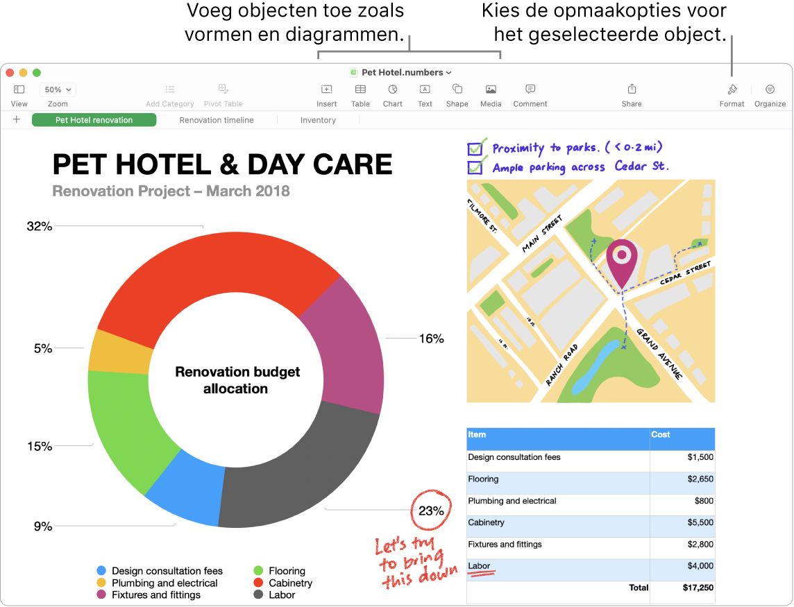 Een Numbers-venster met bovenin de knoppenbalk met bewerkingsfuncties, de knop 'Werk samen' rechtsbovenin en de knoppen 'Opmaak' en 'Organiseer' aan de rechterkant.