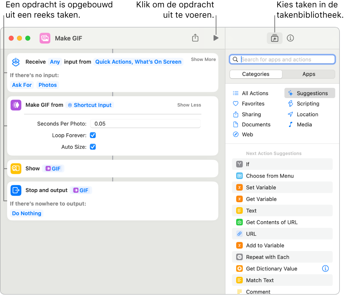 De opdracht-editor voor 'Maak GIF aan' links en de takenbibliotheek rechts.
