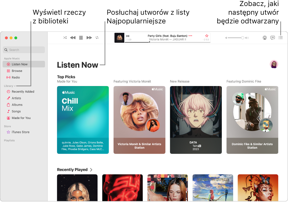 Okno aplikacji Muzyka pokazujące sposób wyświetlania biblioteki, słuchania Apple Music oraz wyświetlania utworów odtwarzanych w następnej kolejności.