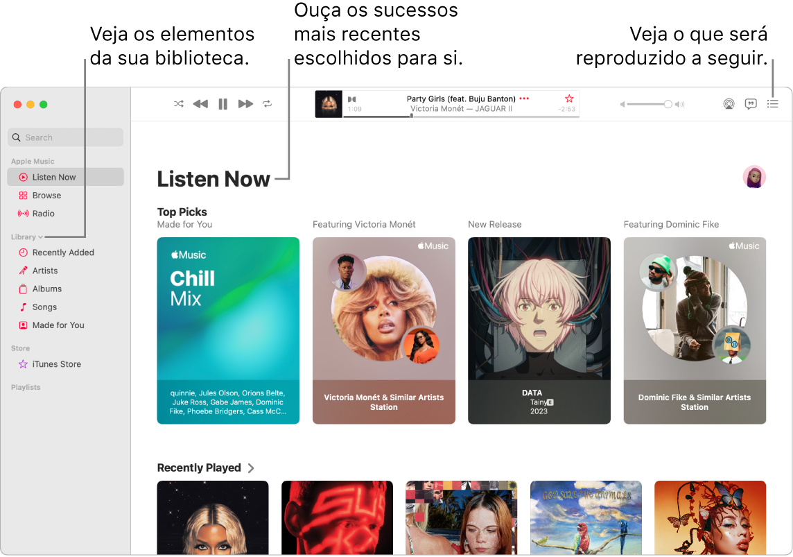 Uma janela da aplicação Música mostra como ver a biblioteca, ouvir Apple Music e ver o que será reproduzido de seguida.