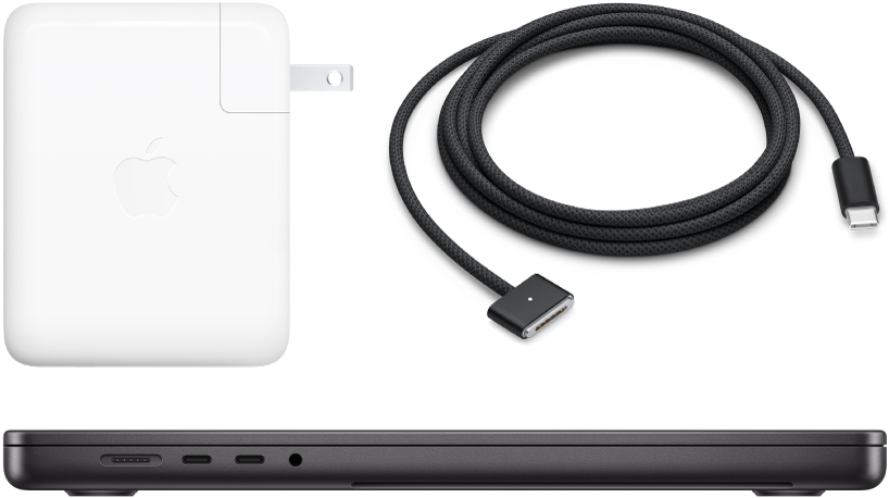 ภาพด้านข้างของ MacBook Pro รุ่น 16 นิ้วและอุปกรณ์เสริมที่มาพร้อมเครื่อง