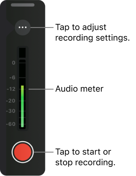 Die Voiceover-Steuerelemente mit einer Aufnahmetaste, einem Audiopegel, einer Taste „Mehr“ für Optionen der Voiceover-Einstellungen sowie einem Aktivpunkt oben für die Neupositionierung.