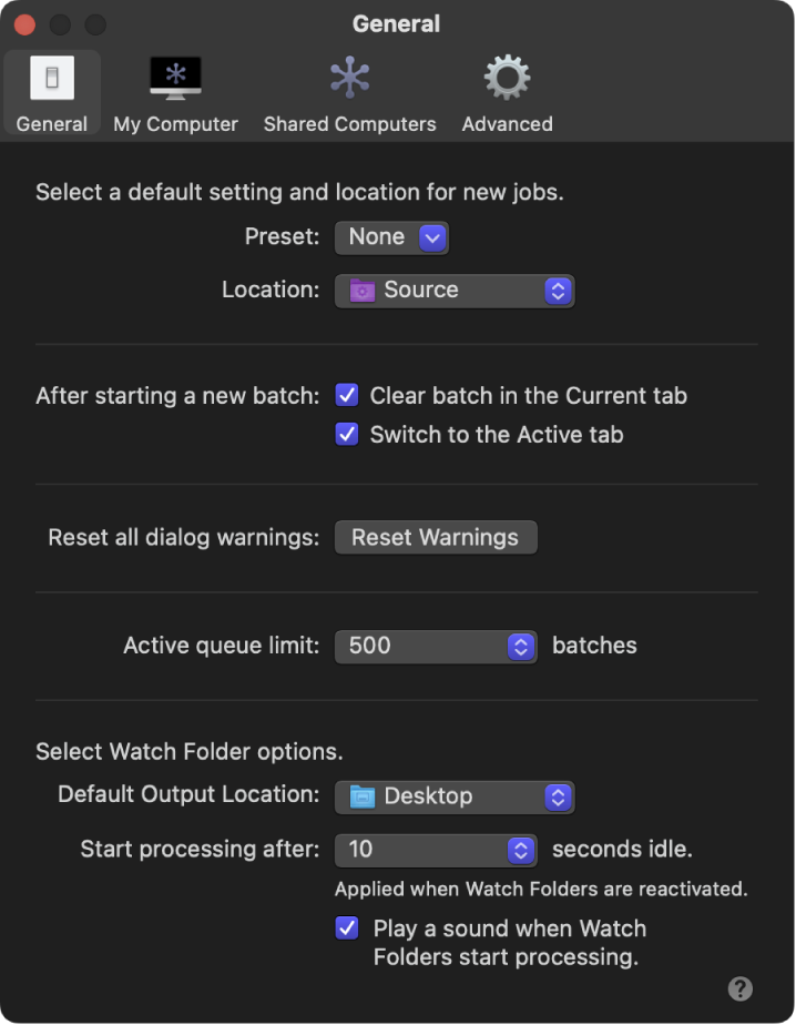 General settings pane