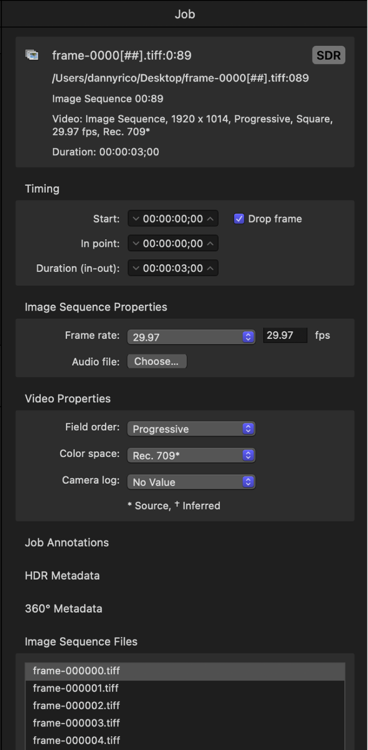 Job inspector showing properties for image sequence