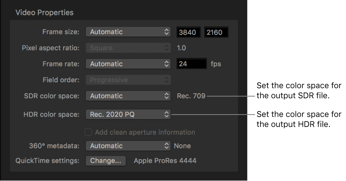 Video Properties are of the Video inspector showing the SDR color space pop-up menu and the HDR color space pop-up menu, where you set the color space for the output files.