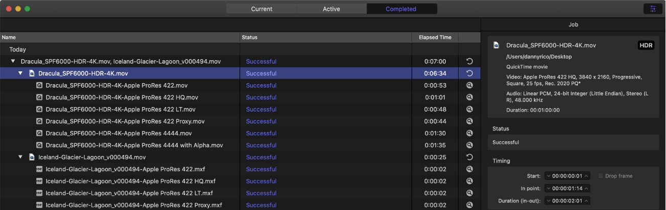 Compressor window showing Completed view with inspector open