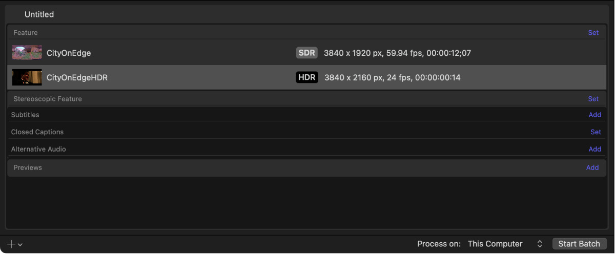 Batch area showing output rows for SDR video and HDR video.