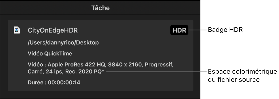 Inspecteur de tâche affichant une pastille HDR et l’espace colorimétrique du fichier vidéo source.
