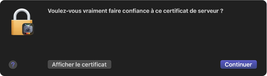 Une zone de dialogue vous demande si vous souhaitez faire confiance à un certificat de serveur.