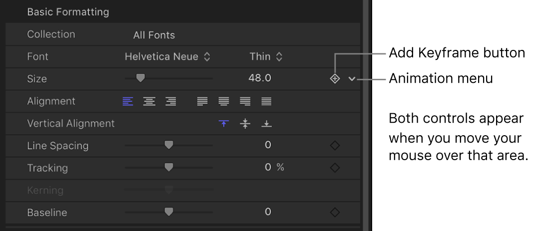 Symbol im Animationsmenü für den Parameter „Textgröße“ im Informationsfenster