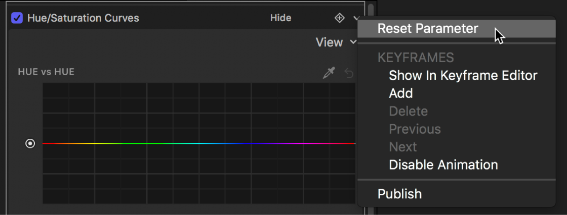 Das Informationsfenster „Filter“ mit der Option „Parameter zurücksetzen“ im geöffneten Menü „Animation“