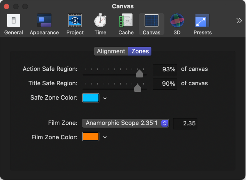 Fenster mit den Motion-Einstellungen mit eingeblendetem Bereich „Canvas“ und der Kategorie „Zonen“