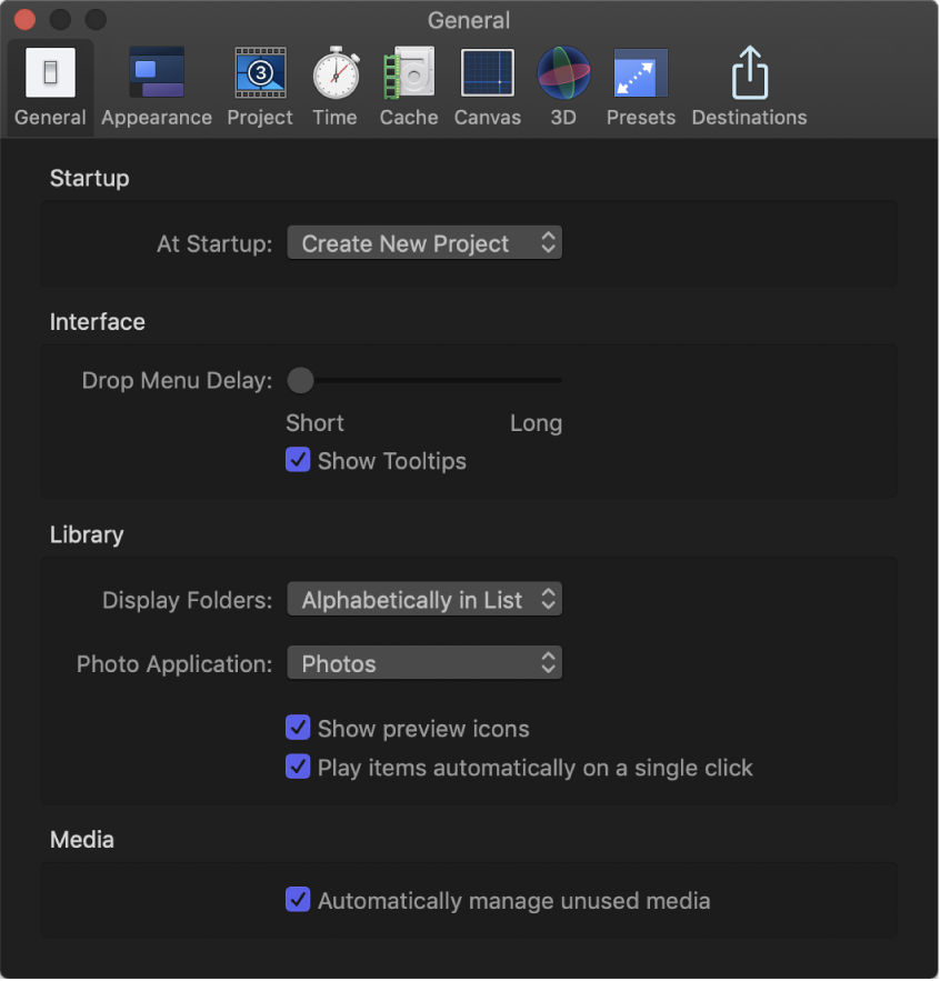 Motion Settings window showing General pane