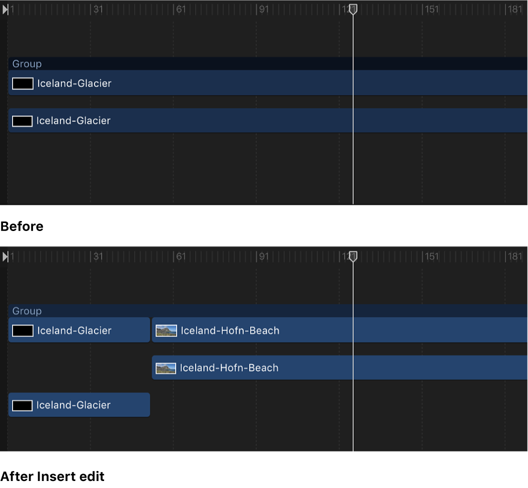 Timeline showing an object in a group, and an object inserted into that group