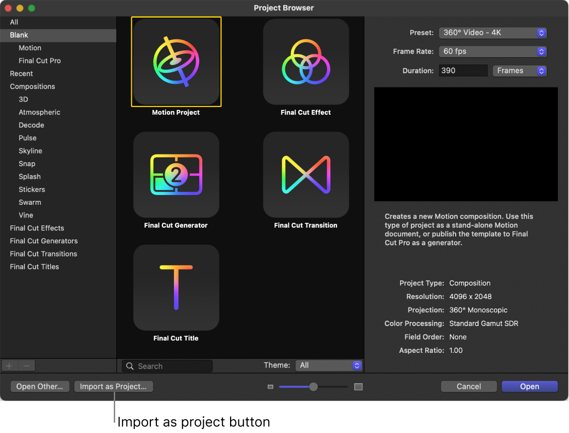 Import as Project button in the Project Browser