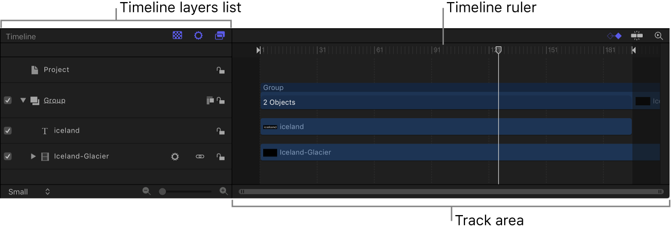 Timeline showing Timeline layers list, ruler, and track area