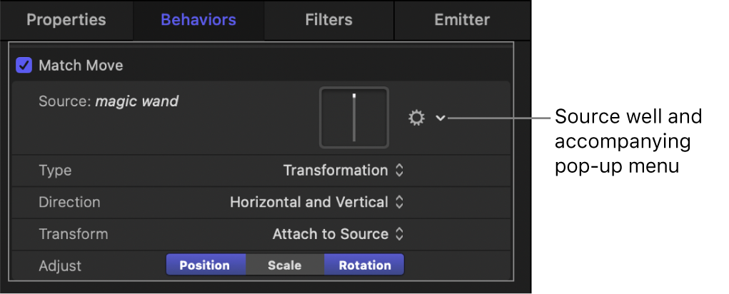 Inspector showing Match Move behavior settings