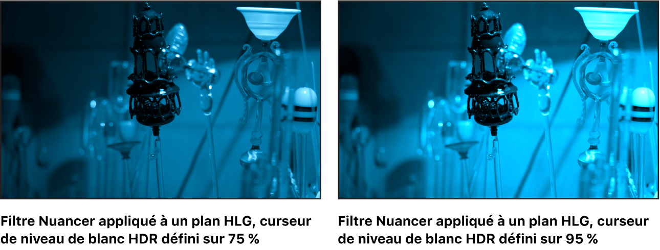 Le canevas montrant les effets des ajustements du curseur « Niveau de blanc HDR » sur le filtre Teinte.