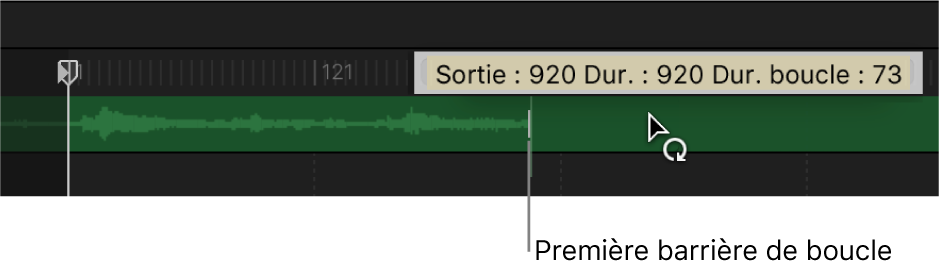 Timeline affichant une piste audio lue en boucle