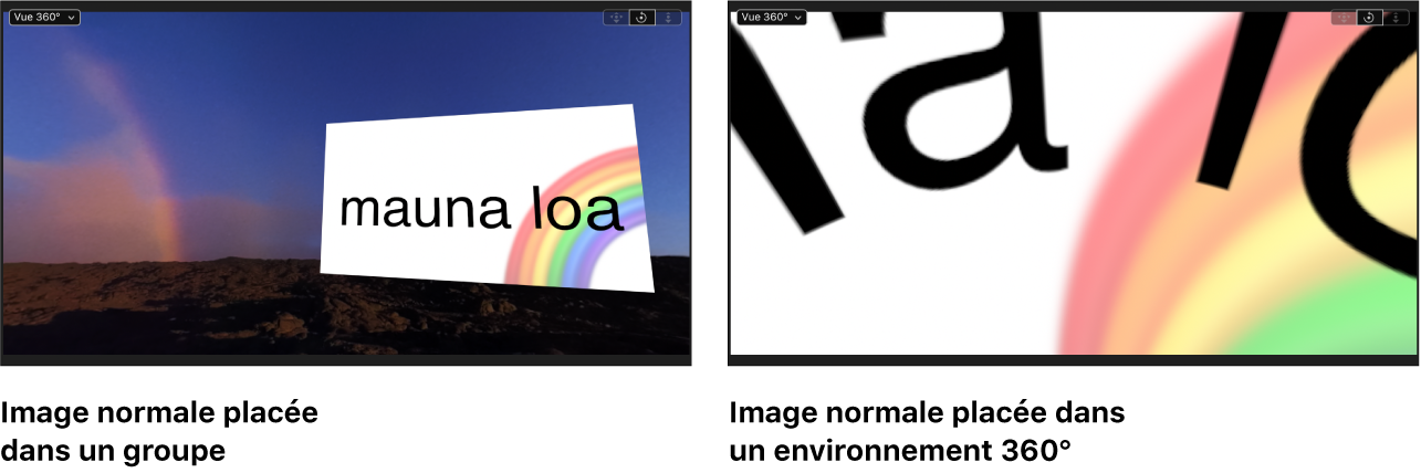 Images montrant une image équirectangulaire s’affichant correctement dans un environnement 360° et image standard semblant déformée dans un environnement 360°