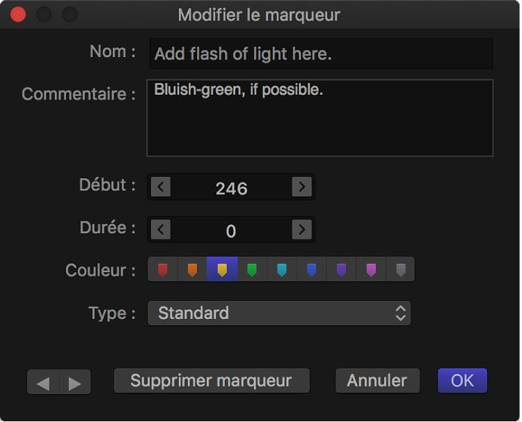 Zone de dialogue Modifier le marqueur