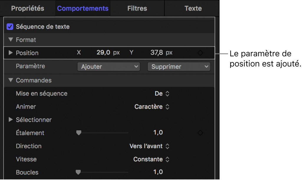 Inspecteur affichant la commande Position ajoutée aux paramètres Séquence de texte