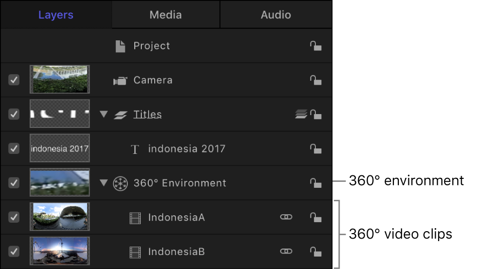 360°ビデオクリップを含む360°環境が表示された「レイヤー」リスト