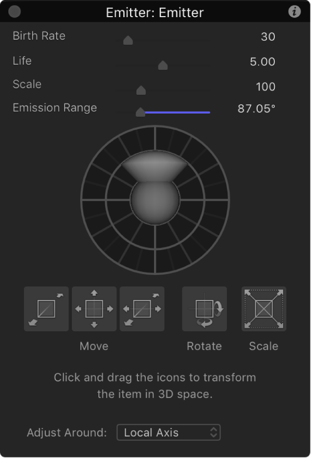 HUD。「3D変形を調整」ツールが選択されているときのエミッタコントロールが表示されています