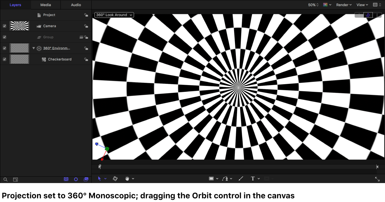 「360°モノスコピック」プロジェクションの「チェッカーボード」ジェネレータを周回コントロールでドラッグしているキャンバス