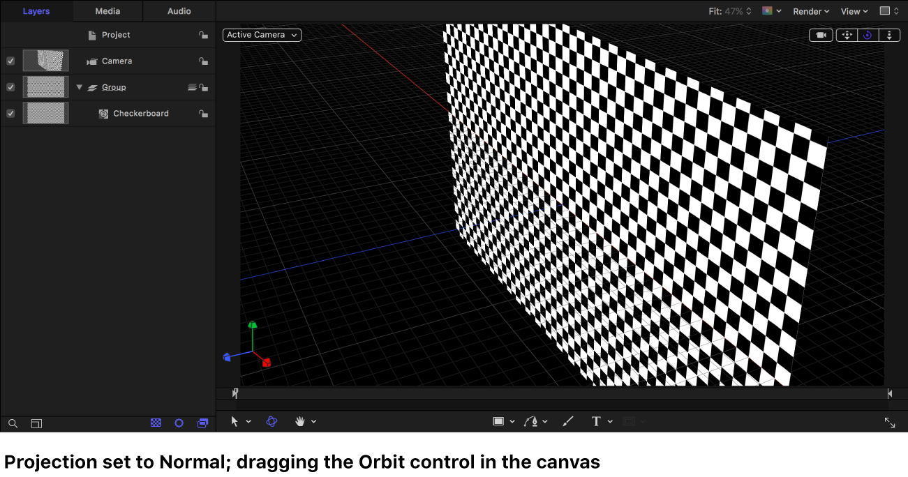 「通常」プロジェクションの「チェッカーボード」ジェネレータを周回するカメラが表示されたキャンバス